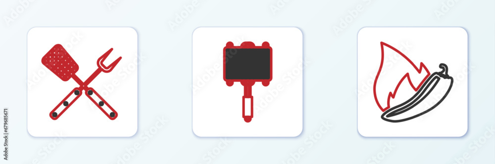 Set line Hot chili pepper pod, Crossed fork and spatula and Barbecue steel grid icon. Vector Set line Hot chili pepper pod, Crossed fork and spatula and Barbecue steel grid icon. Vector