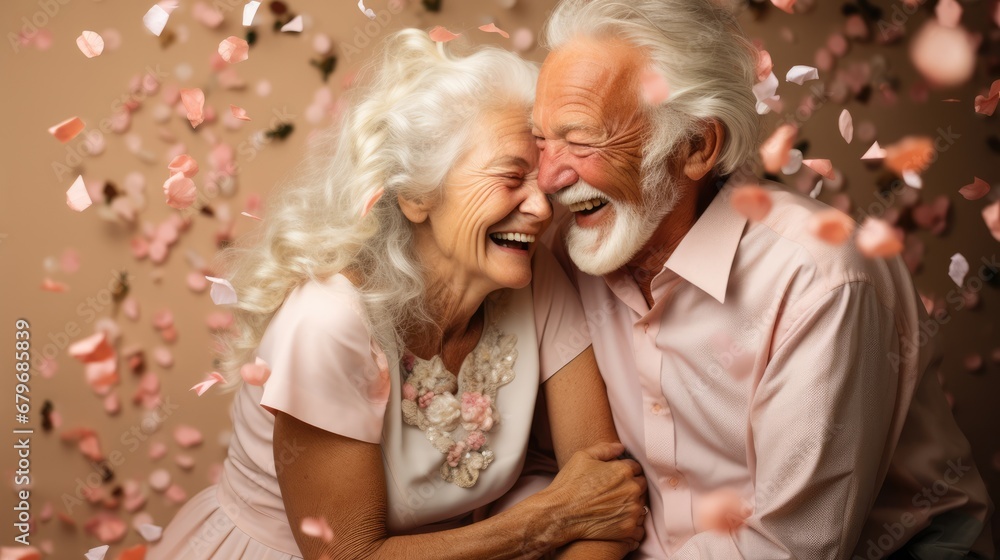  a man and a woman are hugging each other and confetti is falling in the air behind them on a pink background.