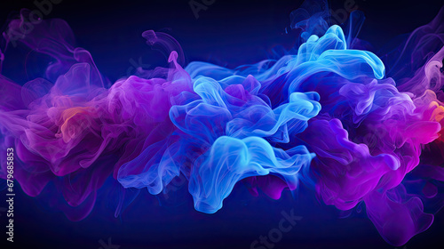 Swirling neon blue and purple multicolored smoke puff cloud design element isolated on black background