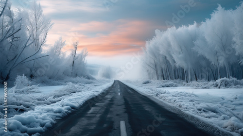 Road in snowy winter day with beautiful landscape