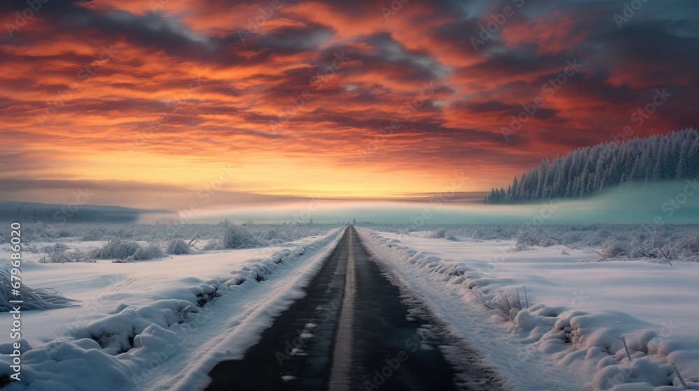 Road in snowy winter day with beautiful landscape