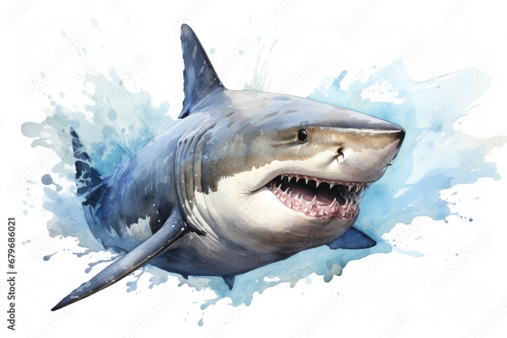 Naklejka premium watercolor Shark Hungry shark illustration with splash watercolor textured background