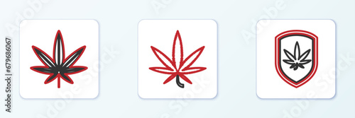 Set line Shield and marijuana, Marijuana or cannabis leaf and icon. Vector
