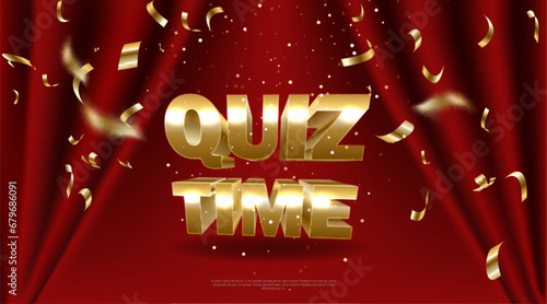 Quiz time signboard with glowing lights on red velvet curtains, vector realistic illustration. Quiz game bright retro banner poster design template.