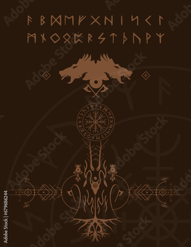 Poster, Plakat: Wikinger Runen, Wurzeln und Symbole - Ornamente und Runenkreis mit Wolfskopf