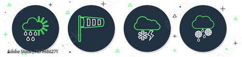 Set line Cone meteorology windsock wind vane, Cloud with snow and lightning, Cloudy rain sun and icon. Vector