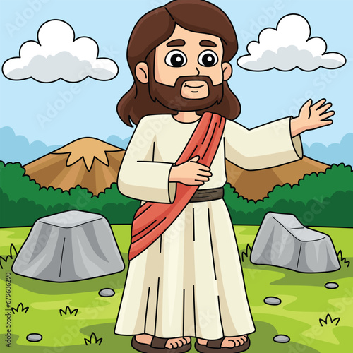 Christian Jesus Preaching Colored Cartoon 