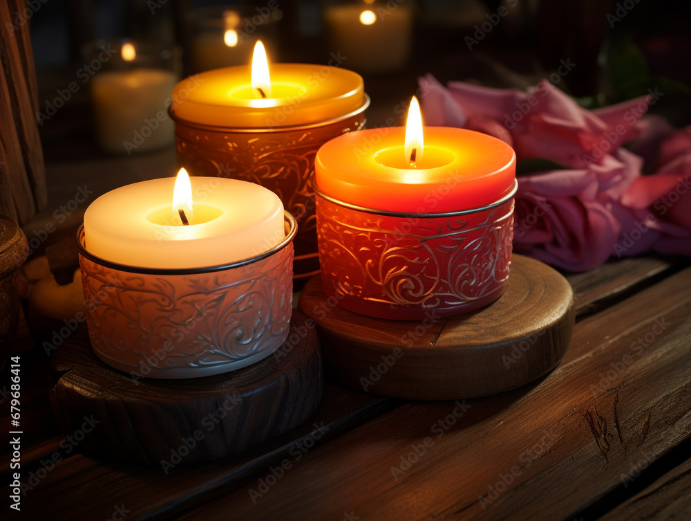 Decorative candles are being lit. Various sizes and decorations. Used for a ceremony or event. Decorative candles are being lit. Various sizes and decorations. Used for a ceremony or event.