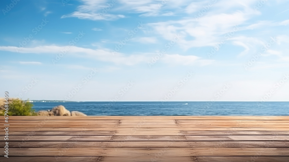 Wood table top on blur summer blue sea and sky background - can be used for display or montage your products