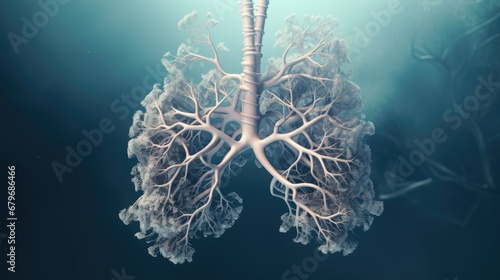 Inside human body. Unhealthy bronchi art, illustration. Carcinoma infection. Breathe organ lungs concept. Covid 19 pandemic corona virus. Asthma bronchitis disease. Health care. Gray trees