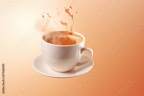Cup of hot coffee with splashes flying in the air on light brown background, copy space