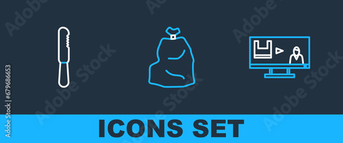 Set line Stop plastic pollution, Disposable knife and Garbage bag icon. Vector