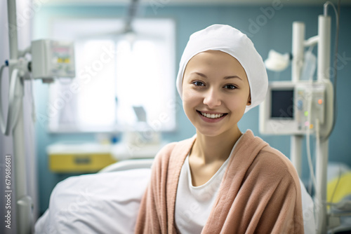 Happy cancer patient. Smiling young woman after chemotherapy treatment at hospital oncology department. Breast cancer recovery. Breast cancer survivor. Smiling bald woman with headscarf.