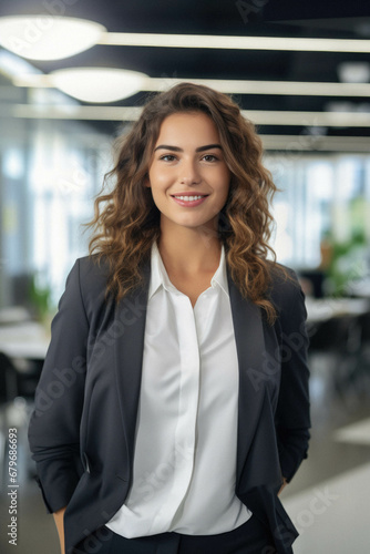 Portrait of young smiling female manager in office.