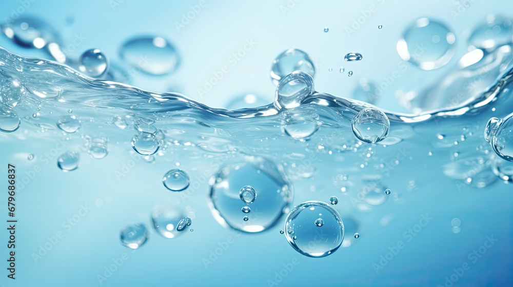 Water and bubbles backdrop. Serum gel on blue background. Cosmetic transparent gel serum texture. Advertising cosmetology concept. Water and bubbles backdrop. Serum gel on blue background. Cosmetic transparent gel serum texture. Advertising cosmetology concept.