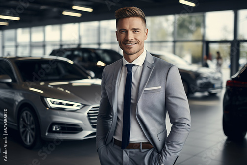 Professional luxury car salesman in luxury showroom. Smiling salesman in showroom. Expensive car. Car dealer business. Automotive industry. Luxury car agent. Auto dealership office. © Artinun