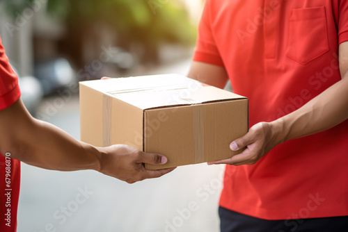 Delivery courier service. Delivery man in red uniform holding a cardboard box delivering to door of customer home. A man postal delivery man delivering package. Home delivery concept.