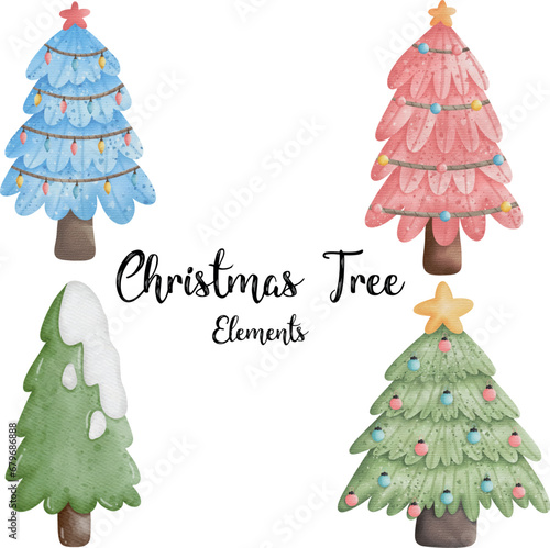 watercolor set of Christmas tree in differrent color photo