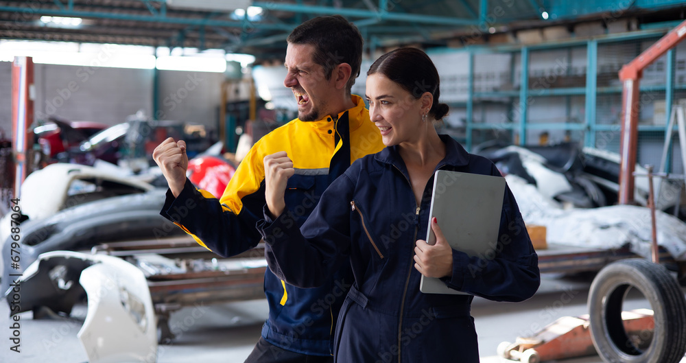 Unity and teamwork apprentice. Caucasian Female trainee Mechanics Working Underneath Car with male Instructor at Car maintenance and auto service garage Unity and teamwork apprentice. Caucasian Female trainee Mechanics Working Underneath Car with male Instructor at Car maintenance and auto service garage
