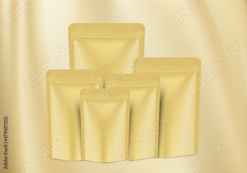 Yellow foil sachet mockup, plastic pouch blank with ziplock front view on yellow background. Shiny gold package for template your design, promo, ad. tea, sugar, candy, biscuit. Vector illustration.