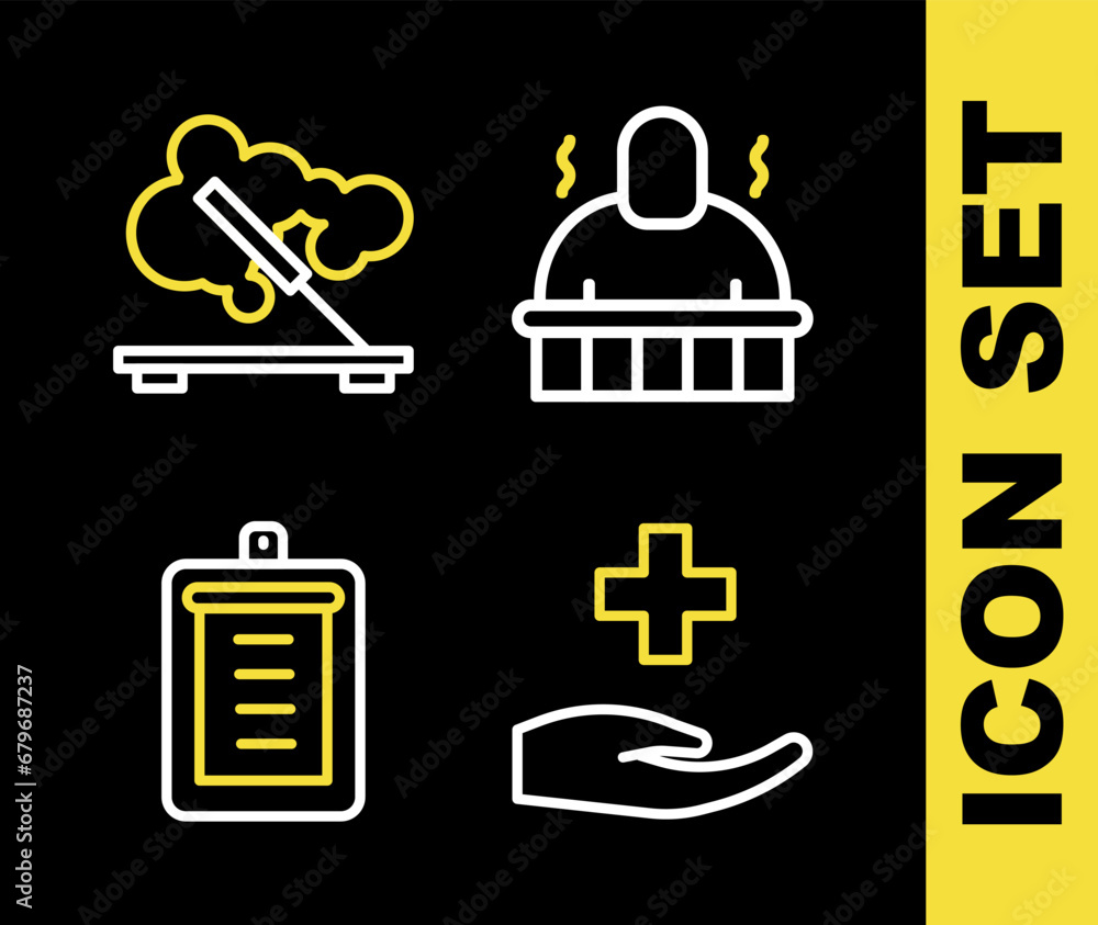 Set line Sauna and spa procedures, Cross hospital medical, Clipboard with checklist and Scented stick icon. Vector Set line Sauna and spa procedures, Cross hospital medical, Clipboard with checklist and Scented stick icon. Vector