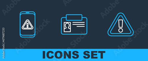 Set line Exclamation mark in triangle, Mobile with exclamation and Identification badge icon. Vector