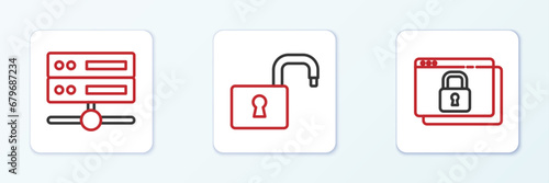 Set line Secure your site with HTTPS, SSL, Server, Data, Web Hosting and Open padlock icon. Vector