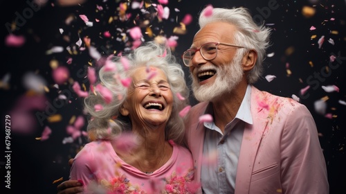  a man and a woman are smiling as confetti is thrown in the air behind them on a black background.
