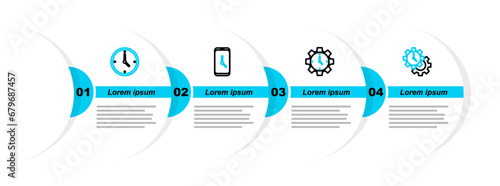 Set line Time Management, Alarm clock app mobile and Clock icon. Vector