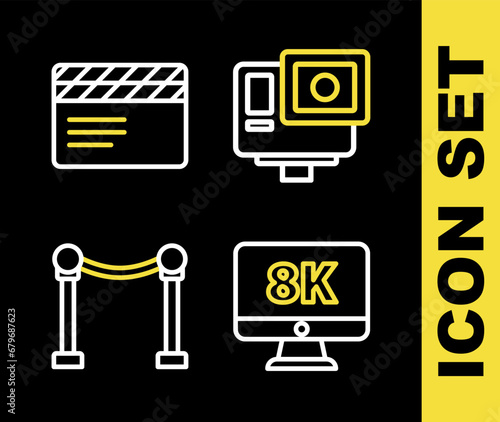 Set line Action extreme camera, Monitor with 8k, Rope barrier and Movie clapper icon. Vector