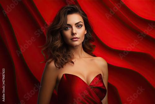 beautiful brunette woman in a red dress posing on red background