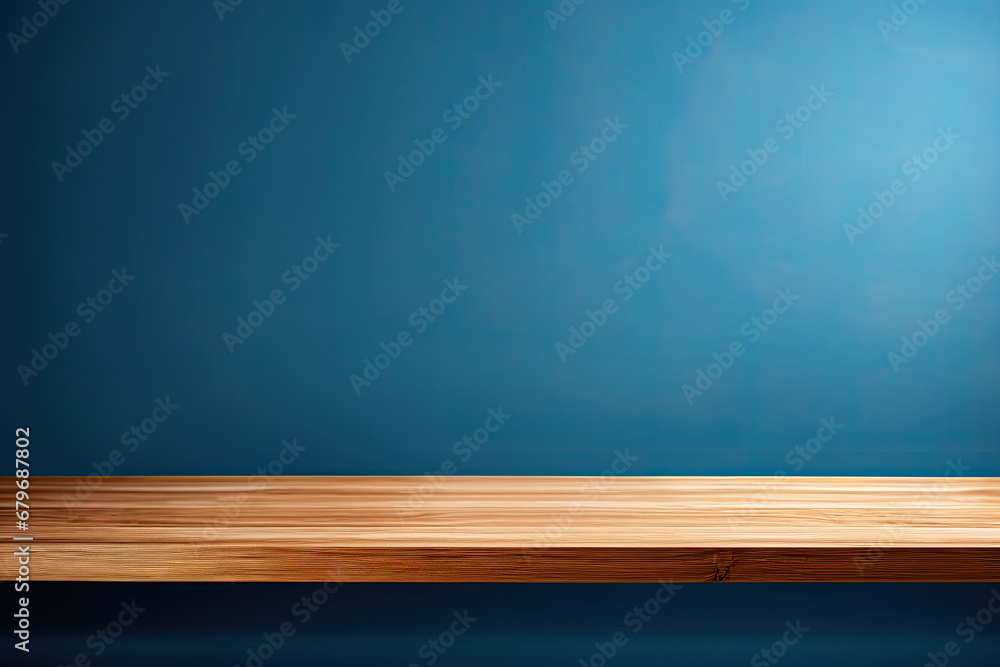 Empty wooden table with blue background Empty wooden table with blue background