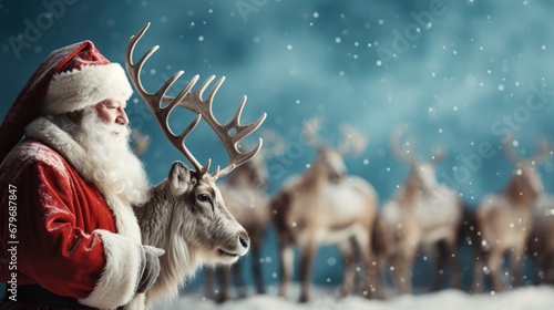  a man dressed as santa claus holding a reindeer's antlers in front of a group of reindeers. photo