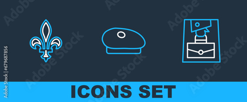 Set line Handbag, Fleur De Lys and French beret icon. Vector