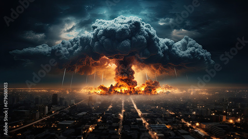  a nuclear bomb in the middle of a city at night, burning fire in the sky,Nuclear Explosion, Mushroom cloud