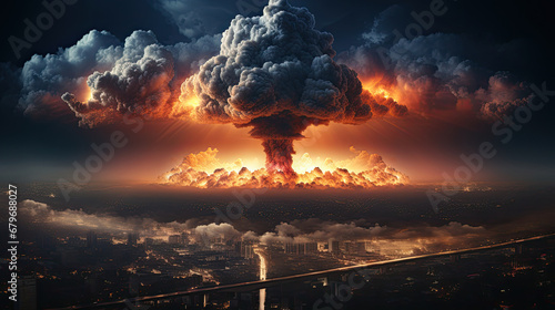  a nuclear bomb in the middle of a city at night, burning fire in the sky,Nuclear Explosion, Mushroom cloud