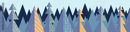 Winter geometric background, stylized forest, seamless border,  vector design, banner