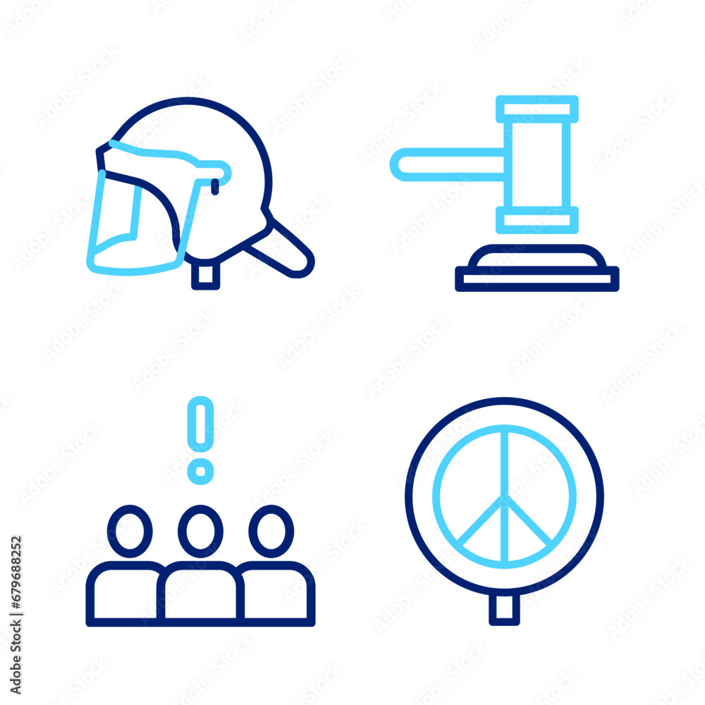 Set line Peace, Crowd protest, Judge gavel and Police helmet icon. Vector Set line Peace, Crowd protest, Judge gavel and Police helmet icon. Vector