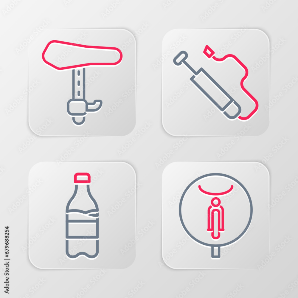 Set line Bicycle, Sport bottle with water, air pump and seat icon. Vector Set line Bicycle, Sport bottle with water, air pump and seat icon. Vector