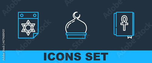 Set line Cross ankh book, Jewish calendar and Muslim Mosque icon. Vector