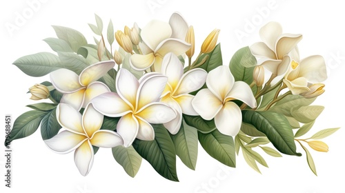 White plumeria or white frangipani flowers on white background