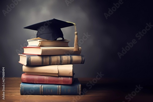 education at colleges and universities, graduation caps on stack of books. generative ai