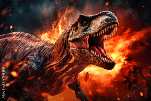 A terrible dinosaur Velociraptor with an open huge mouth against a background of fire and smoke in the burning primeval jungle. Death of the dinosaurs.