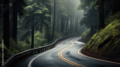 road in the mountains with fog,road trip, dark forest road, Beautiful mountain curved roadway, trees with green foliage in fog and overcast sky. Landscape with empty asphalt road through woods 
