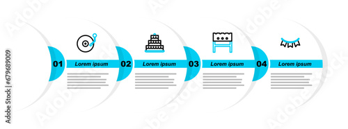 Set line Carnival garland with flags, BBQ brazier, Cake burning candles and Vinyl player disk icon. Vector
