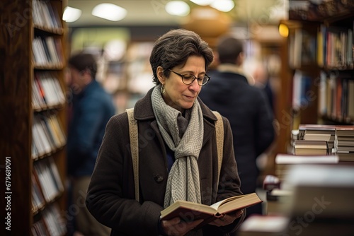 A woman explores a bustling bookstore surrounded by a diverse crowd during a literary festival.