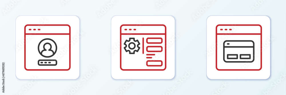 Set line Search engine, Create account screen and Browser setting icon. Vector