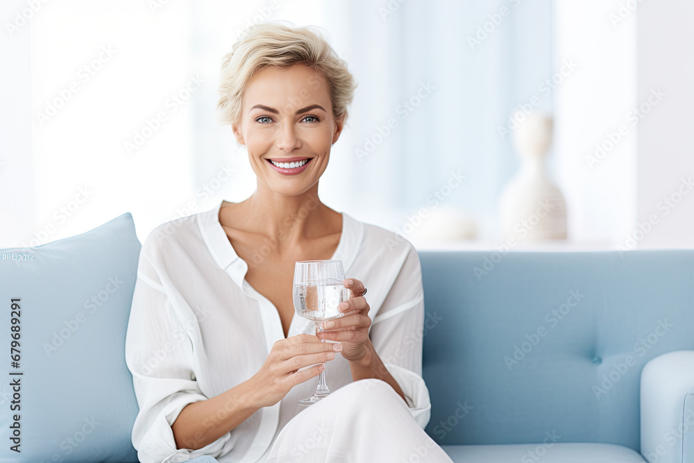 Happy and healthy senior woman at home, enjoying a glass of water, radiating vitality and satisfaction. Happy and healthy senior woman at home, enjoying a glass of water, radiating vitality and satisfaction.