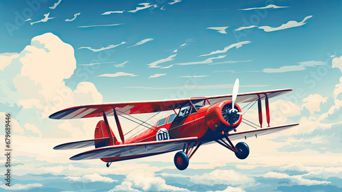 Red vintage plane flying in the blue sky, digital art style