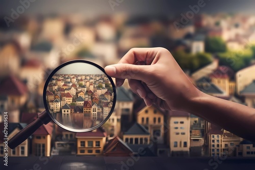 hand holding magnifying glass and looking at house, concept of looking for accommodation and house property. generative ai photo